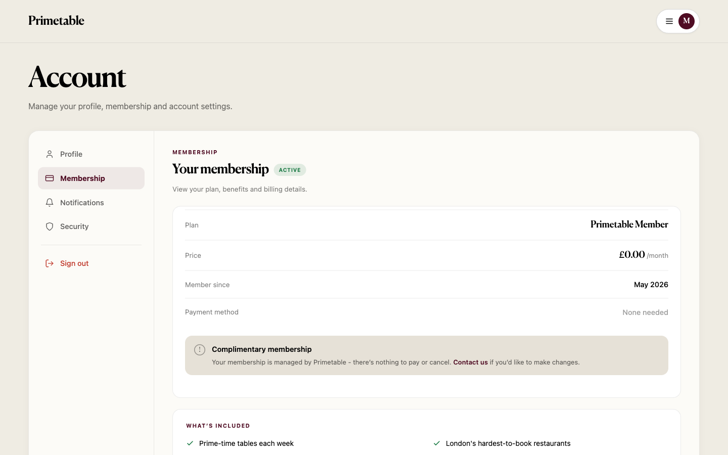 Primetable - Membership screen